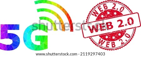 Red round unclean WEB 2.0 stamp seal and low-poly 5G symbol icon with spectral colorful gradient. Triangulated spectrum colored 5G symbol polygonal icon illustration. and Web 2.