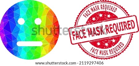 Red round textured FACE MASK REQUIRED stamp and lowpoly neutral smiley icon with spectrum vibrant gradient. Triangulated spectrum vibrant neutral smiley polygonal symbol illustration.