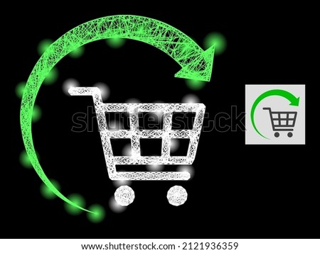 Flare crossing mesh repeat shopping cart with light spots on a black background. Bright vector mesh based on repeat shopping cart glyph, with hatched network and light spots.