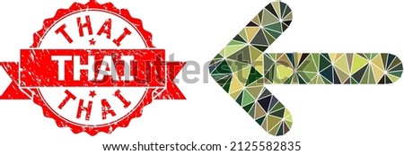 Lowpoly polygonal left arrow military camouflage icon illustration, and Thai textured stamp. Red stamp contains Thai caption inside ribbon. Vector left arrow icon filled with camo triangles.