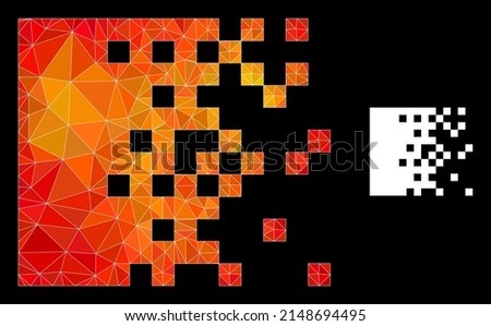 Low-poly dissolving pixels icon with flame vibrant gradient. Triangulated flame colorful dissolving pixels polygonal 2d illustration.