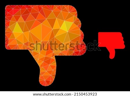 Low-poly thumb down icon with fire vibrant gradient. Triangulated fire colored thumb down polygonal icon illustration. Polygonal thumb down vector constructed of chaotic vibrant triangles.