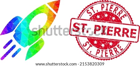 Red round corroded ST. PIERRE seal and lowpoly space rocket icon with spectral colored gradient. Triangulated spectrum colored space rocket polygonal symbol illustration. and St.