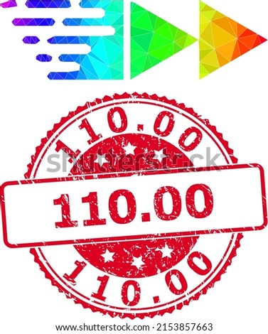 Red round textured 110.00 stamp seal and lowpoly rewind forward icon with spectrum colored gradient. Triangulated spectral colored rewind forward polygonal icon illustration. and 110.
