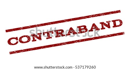 Contraband watermark stamp. Text caption between parallel lines with grunge design style. Rubber seal stamp with dust texture. Vector dark red color ink imprint on a white background.