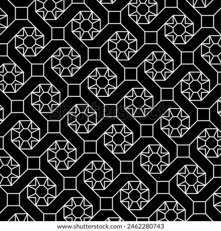 Seamless geometric pattern, repeating black and white pattern design with basic octagonal and square shapes