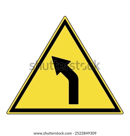 Warning traffic sign. Yellow triangle warning sign with turn left mark symbol. Hazard warning attention sign. road sign caution. Turn left traffic Mark. Isolated on white background