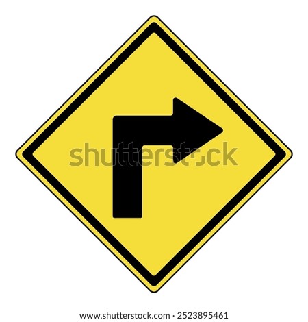 Warning traffic sign. Yellow diamond warning sign with turn right symbol. Hazard warning attention sign. Road sign caution. Turn right traffic Mark. Isolated on white background