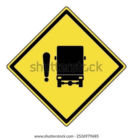 Warning sign. Yellow diamond warning sign with truck and exclamation mark symbol. Blind spot warning attention sign. Warning sign for truck blind spots. Danger, limited visibility around vehicle.