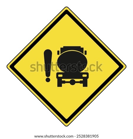 Warning sign. Yellow diamond warning sign with truck and exclamation mark symbol. Blind spot warning attention sign. Warning sign for truck blind spots. Danger, limited visibility around vehicle.