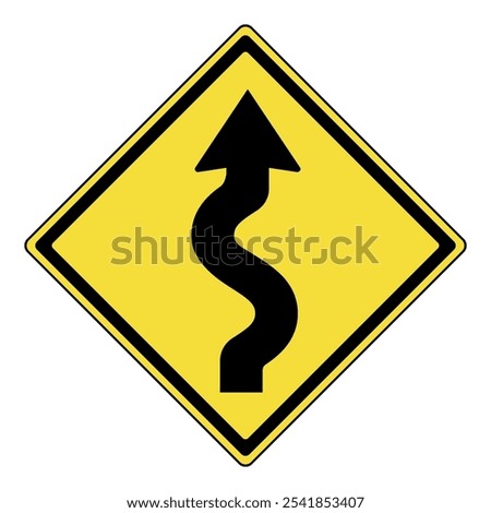 Warning sign. Yellow diamond warning sign with black winding arrow symbol. Curvy road ahead warning sign. Caution for drivers to prepare for winding or twisting road conditions. Traffic safety alert