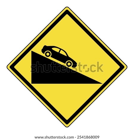 Warning sign. Yellow diamond warning sign with steep incline symbol. Steep slope warning sign. Warning attention sign. Caution for steep uphill road. Hazard caution for drivers. Alert for vehicle. 