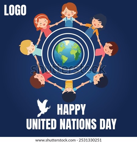 Happy United Nations Day Post . UN day. Kids around the globe  with white bird.  United Nations Logo World UN Day Post 