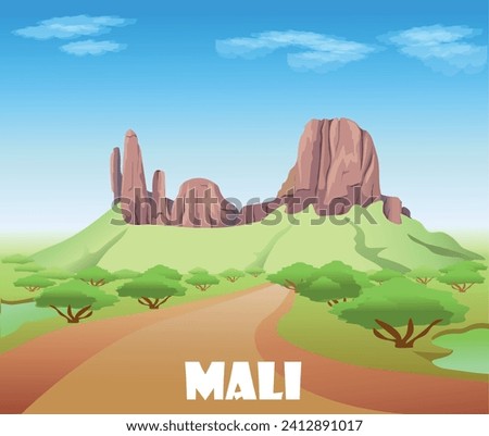 Mali travel poster. Landscape in Hombori. African landscape. Vector illustration