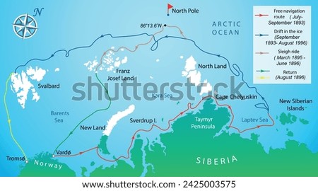 Norvegian polar expedition map. Nansen's expedition to Fram map. Vector illustration