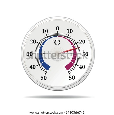 Plastic round thermometer on white background. Celsius thermometer vector illustration