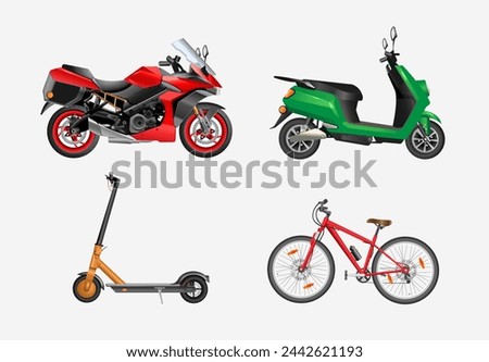 Set of two wheelers on white background. Vector realistic illustration