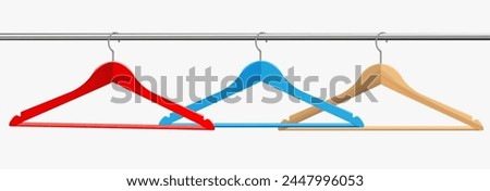 Items. Set of wooden clothes hangers on a tube. Vector realistic illustration