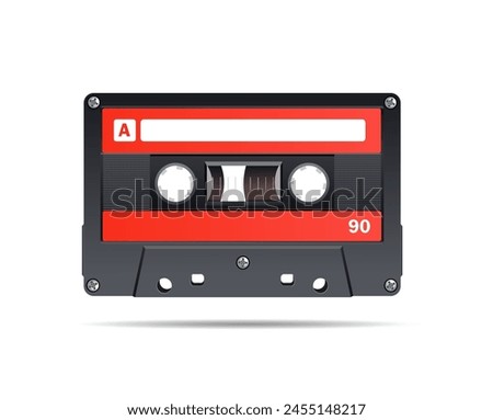 Black plastic audio cassette on white background. Flat design. Vector realistic illustration