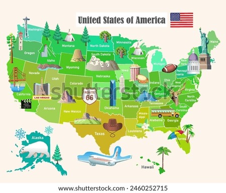 United States of America tourist map. Attractions of United States. Vector illustration