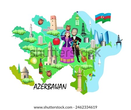 Welcome to Azerbaijan. Azerbaijan tourist map. Attractions of Azerbaijan. Vector illustration