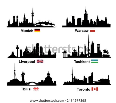 Skyline silhouettes of cities the world with flags (Munich, Warsaw, Liverpool, Tashkent, Tbilisi, Toronto). Vector illustration