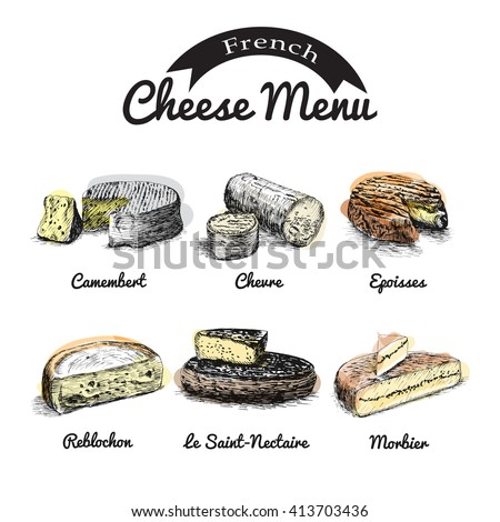 Vector illustrated Set #1 of French Cheese Menu. Illustrative sorts of cheese from France.