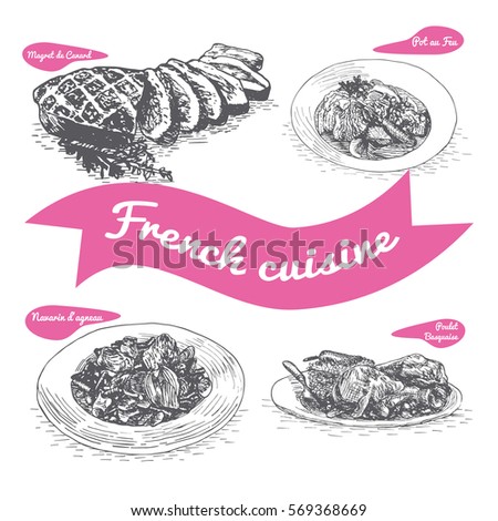 Monochrome vector illustration of French cuisine and cooking traditions