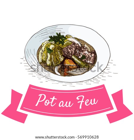 Pot au Feu colorful illustration. Vector illustration of French cuisine.