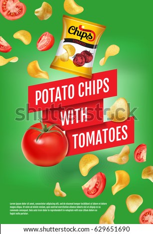 Potato chips ads. Vector realistic illustration of potato chips with tomatoes. Vertical poster with product.