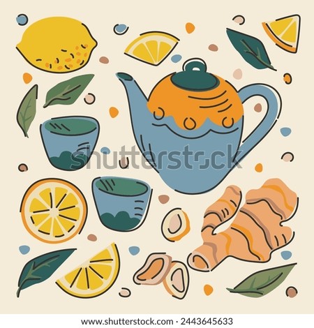 Collection of tea party illustrations. Blue teapot and cups, ginger root, lemon slices and mint leaves. Rounded silhouettes. Careless outline of objects. Naive drawings