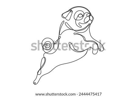 Line Art Jumping Pug Dog. Pug Dog Portrait. Black Curve Editable Line Mops Dog Face Sketch Silhouette Isolated on White background. Cute Domestic Pet Dog Symbol Line Art Drawn Icon