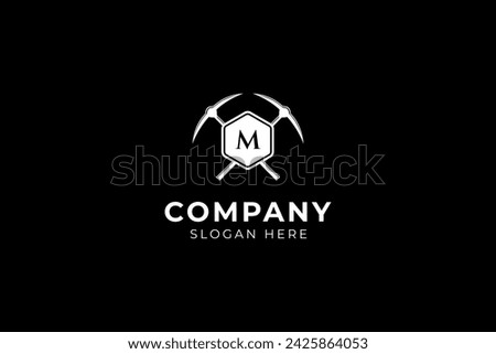 pickaxe mining cross hexagon letter m vintage logo design illustration on black background