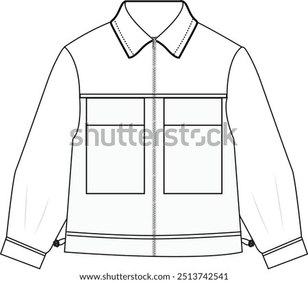 A detailed technical drawing of a long jacket featuring a sleek front zipper closure. The design includes a full-length silhouette for added warmth and coverage. Clean, structured lines emphasize the 