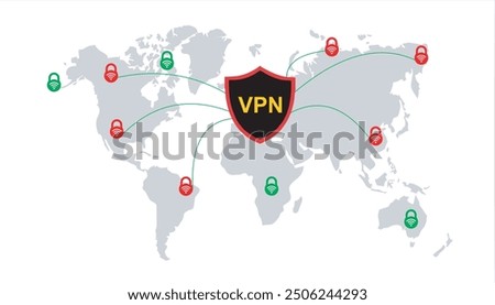 Cyber Security Concept : Hacker on world map digital background, VPN shield with key, wifi sign and check mark. world map private network connectivity, successful connection, privacy