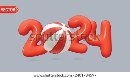 Beach ball. Inflatable swimming pool ball with 2024 numbers realistic vector illustration
