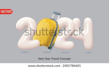 New Year 2024 3d text with 3d yellow suitcase. vector illustration, travel concept of suitcase, handbag and luggage 