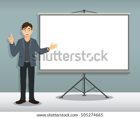 Happy businessman in casual suit giving presentation with projector screen white board. cartoon vector illustration