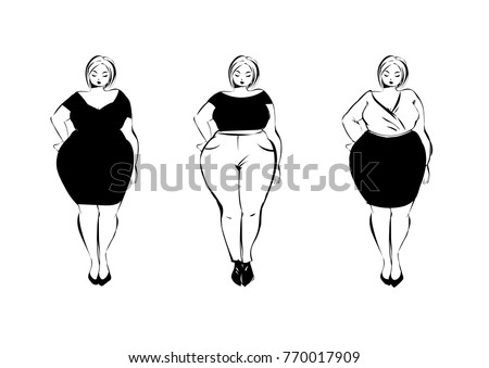 Set of Female body types: fashion model, athletic, curvy and plus