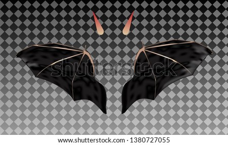 Devil realistic wings, horns isolated on transparent background. Vector.
