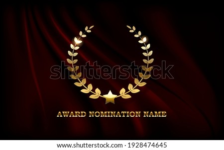 Golden award sign with laurel wreath and ribbon isolated on red curtain background. Vector horizontal award ceremony invitation template