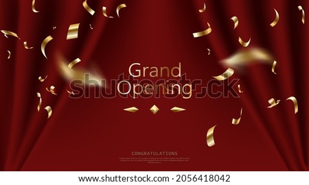 Realistic Grand Opening Invitation with Red Curtains and Golden Confetti. Vector.
