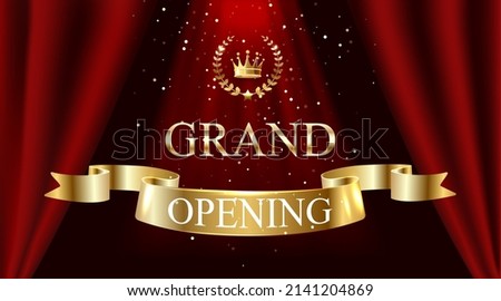 Realistic Grand Opening Invitation with Red Curtains and Golden Confetti. Vector