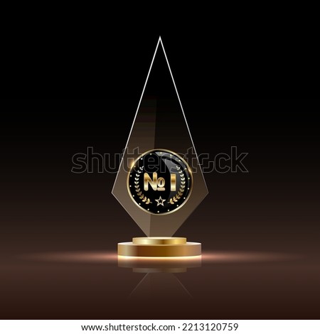 First place award trophy. Star shaped glass prize with gold number one in the world on podium. Champion glory in competition vector illustration. Hollywood fame in film and cinema or championship in s