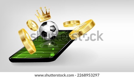 Mobil phone with soccer ball, gold crown and falling coins on a white background. Online sports betting. Vector illustration.