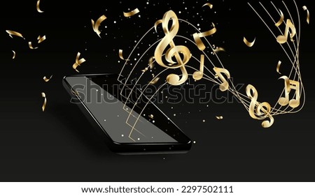 Gold Music notes and mobile phone, on a black background. Vector.