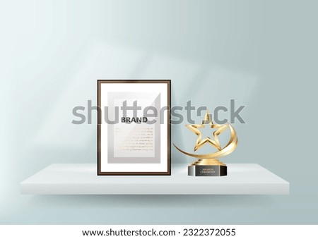 Trophy and frame realistic composition with bright wall shelf and golden star statuette with empty photo frame vector illustration