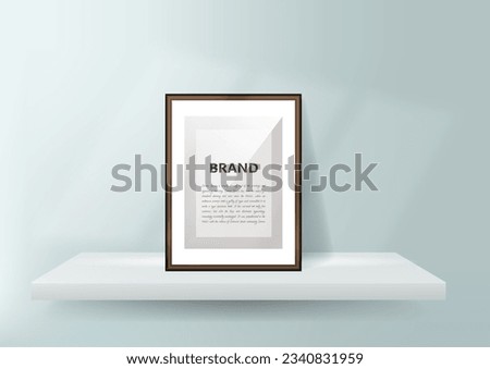 Realistic composition with bright wall shelf with empty photo frame vector illustration