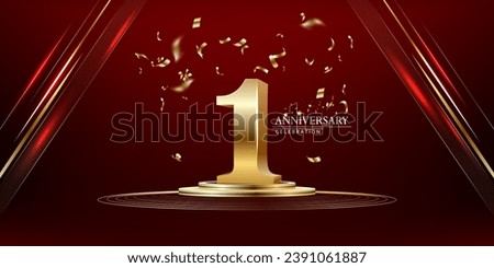 1 golden number and Anniversary Celebrating text with golden serpentine and confetti on red background.