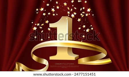 1 golden number and Anniversary Celebrating text with golden serpentine and confetti on red background.